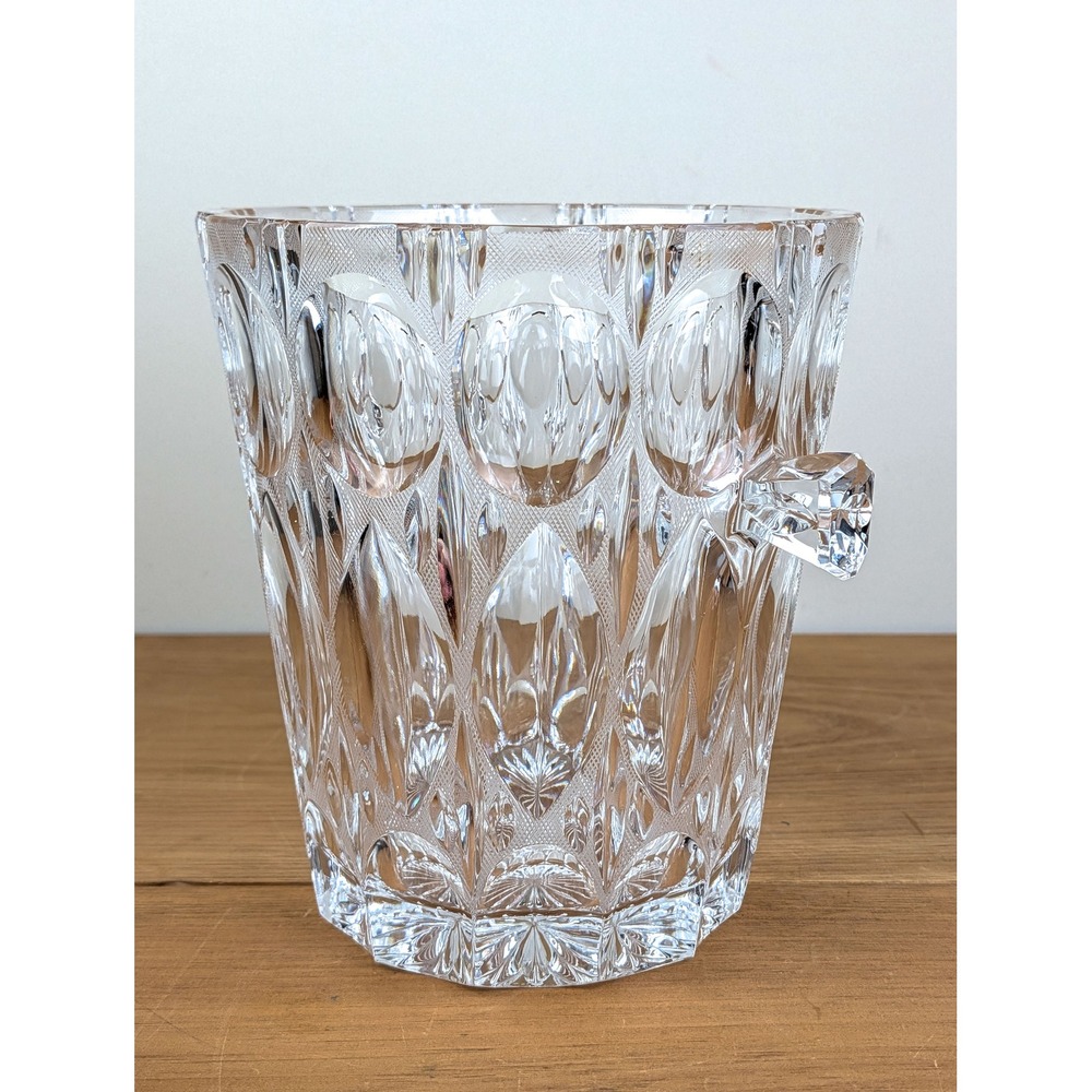 Vintage Heavy Lead Crystal Ice Bucket Diamond Thumbprint Cut Glass 9" Barware